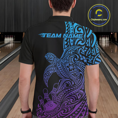 Custom Blue And Purple Polynesian Tribal Turtle Bowling Jersey Team Men Polo Shirt IPHW12702