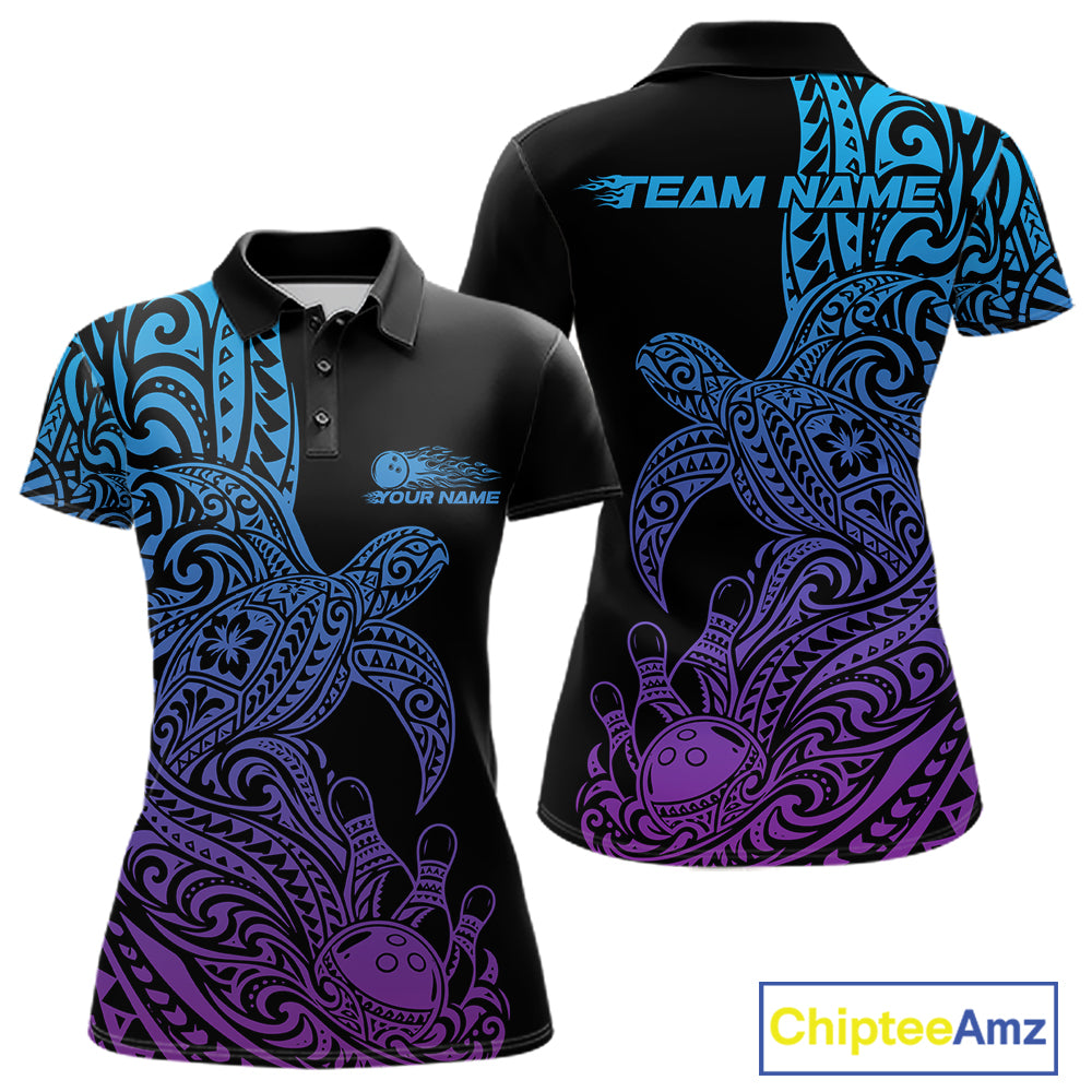 Custom Blue And Purple Polynesian Tribal Turtle Bowling Jersey Team Women Polo Shirt IPHW12702
