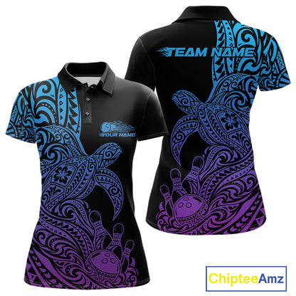 Custom Blue And Purple Polynesian Tribal Turtle Bowling Jersey Team Women Polo Shirt IPHW12702