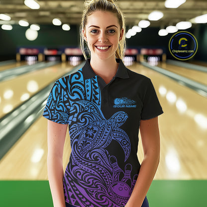 Custom Blue And Purple Polynesian Tribal Turtle Bowling Jersey Team Women Polo Shirt IPHW12702