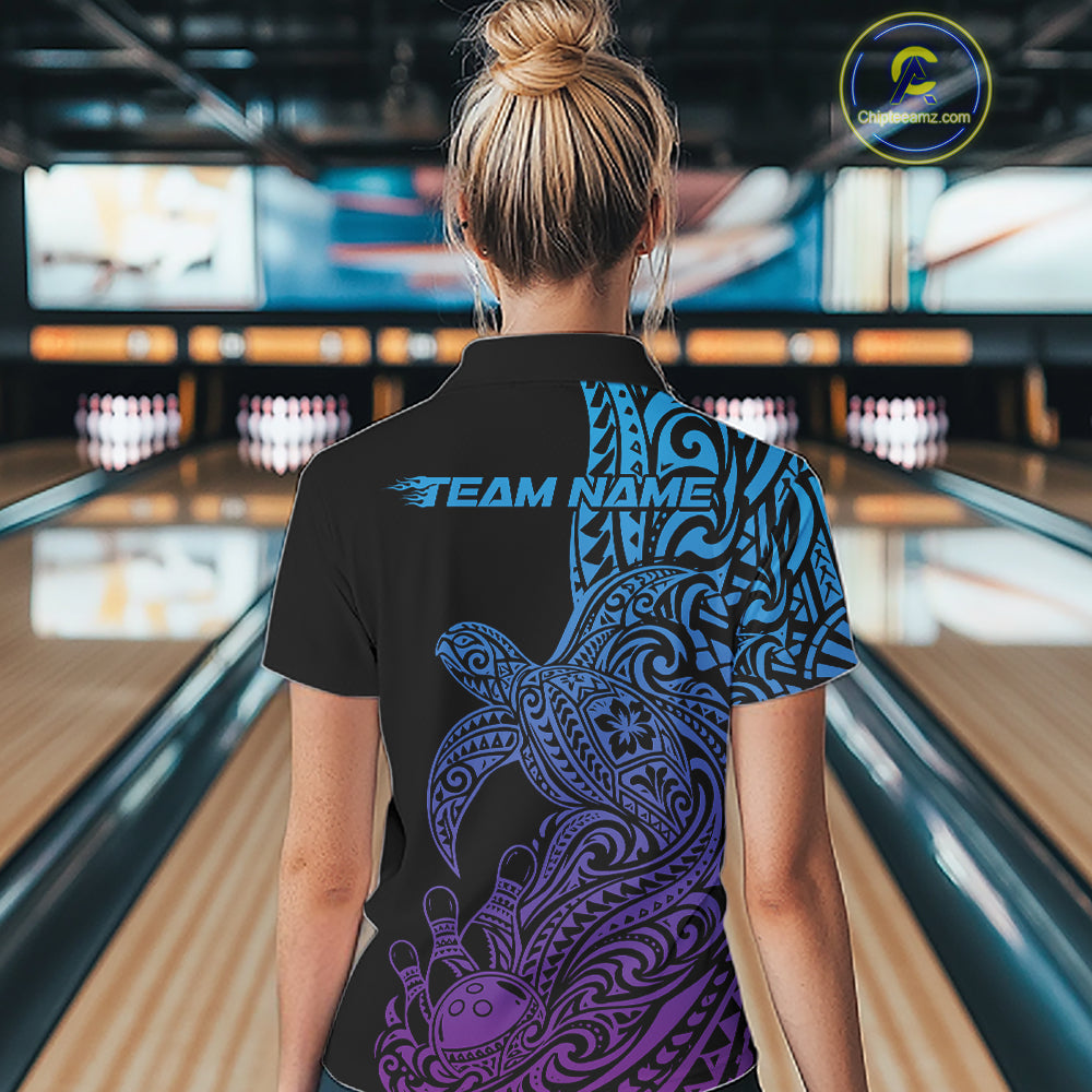 Custom Blue And Purple Polynesian Tribal Turtle Bowling Jersey Team Women Polo Shirt IPHW12702
