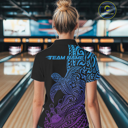 Custom Blue And Purple Polynesian Tribal Turtle Bowling Jersey Team Women Polo Shirt IPHW12702