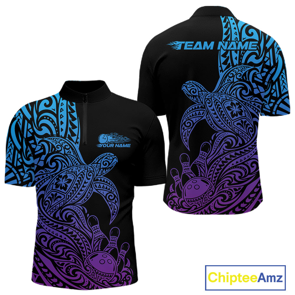 Custom Blue And Purple Polynesian Tribal Turtle Bowling Jersey Team Men Quarter Zip Shirt IPHW12702