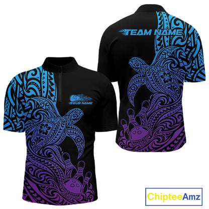 Custom Blue And Purple Polynesian Tribal Turtle Bowling Jersey Team Men Quarter Zip Shirt IPHW12702