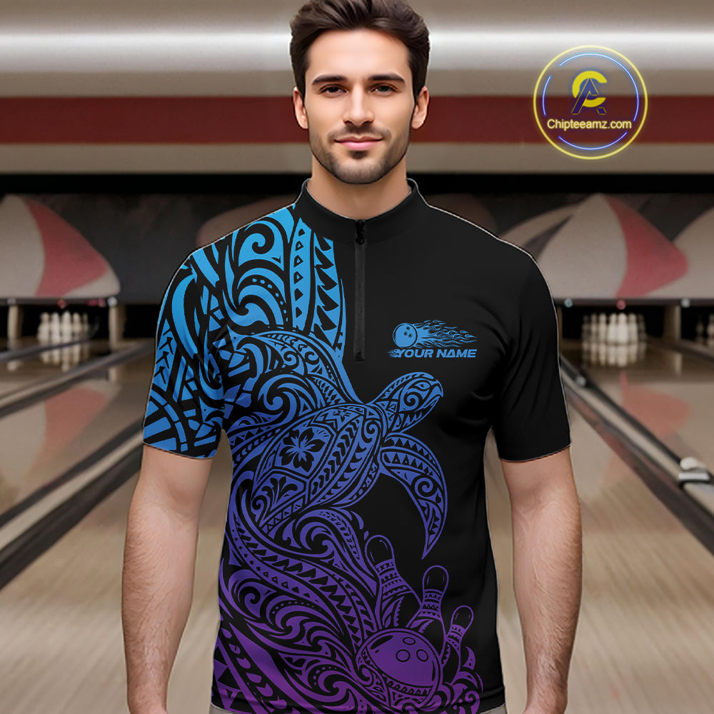 Custom Blue And Purple Polynesian Tribal Turtle Bowling Jersey Team Men Quarter Zip Shirt IPHW12702