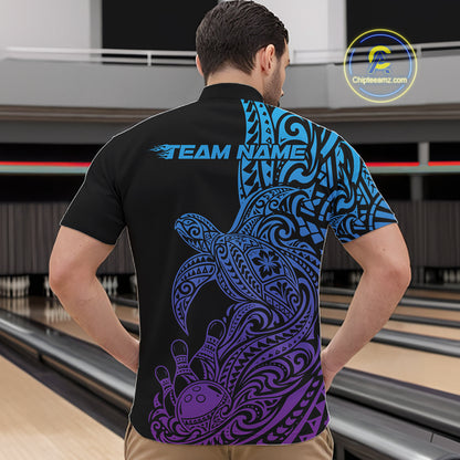 Custom Blue And Purple Polynesian Tribal Turtle Bowling Jersey Team Men Quarter Zip Shirt IPHW12702
