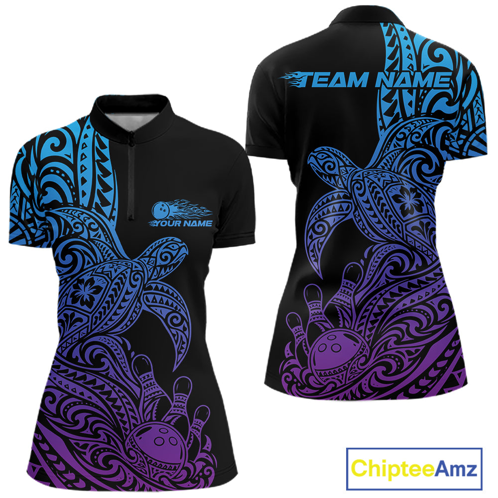 Custom Blue And Purple Polynesian Tribal Turtle Bowling Jersey Women Quarter-Zip Shirt IPHW12702