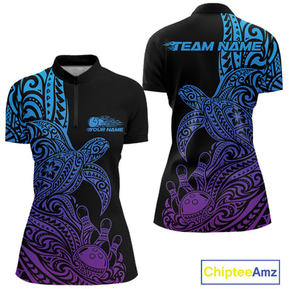 Custom Blue And Purple Polynesian Tribal Turtle Bowling Jersey Women Quarter-Zip Shirt IPHW12702