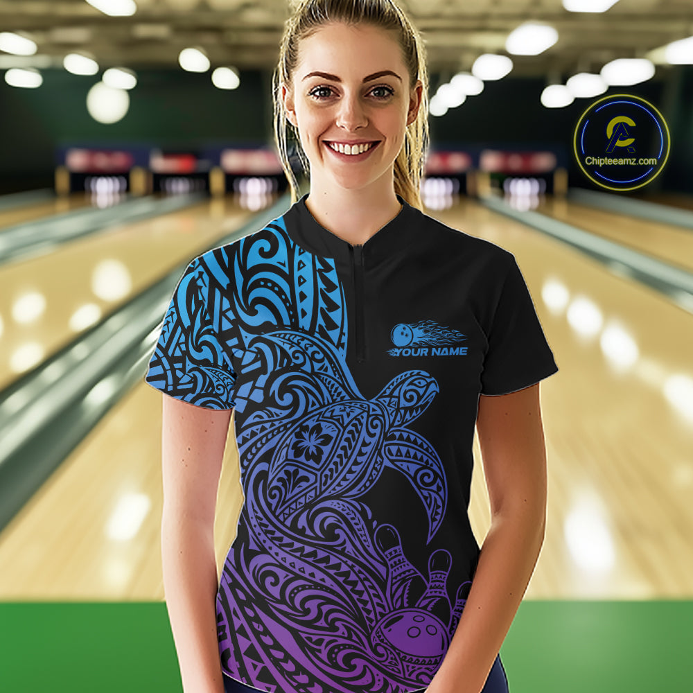 Custom Blue And Purple Polynesian Tribal Turtle Bowling Jersey Women Quarter-Zip Shirt IPHW12702