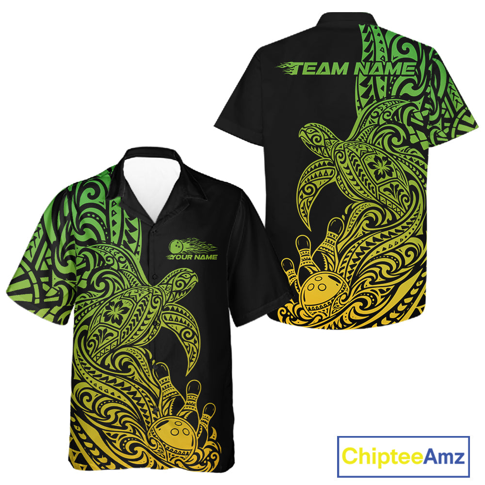 Custom Green And Yellow Polynesian Tribal Turtle Bowling Jersey Team Men And Women Button Up Shirt IPHW12703