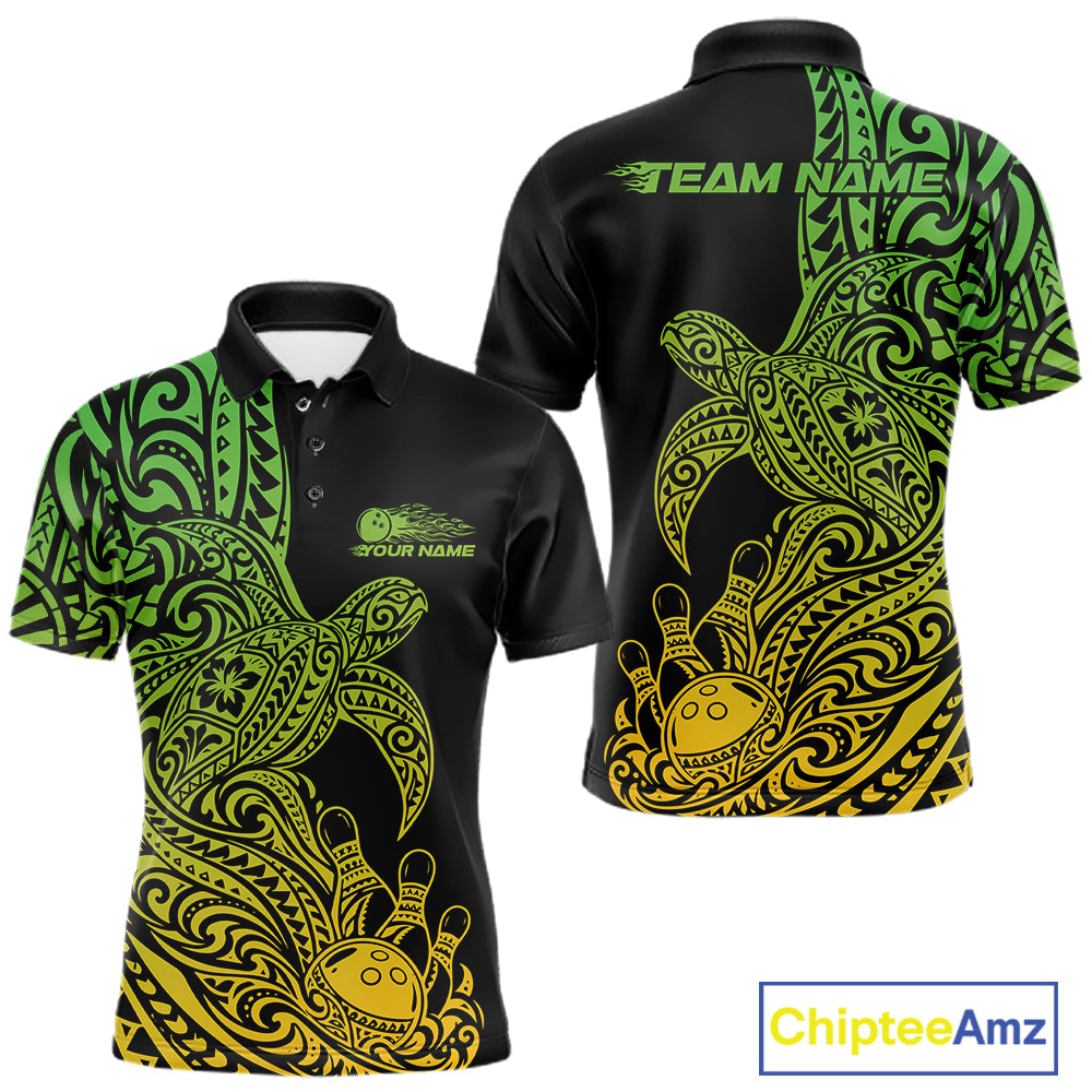 Custom Green And Yellow Polynesian Tribal Turtle Bowling Jersey Team Men Polo Shirt IPHW12703