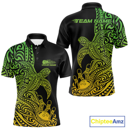 Custom Green And Yellow Polynesian Tribal Turtle Bowling Jersey Team Men Polo Shirt IPHW12703