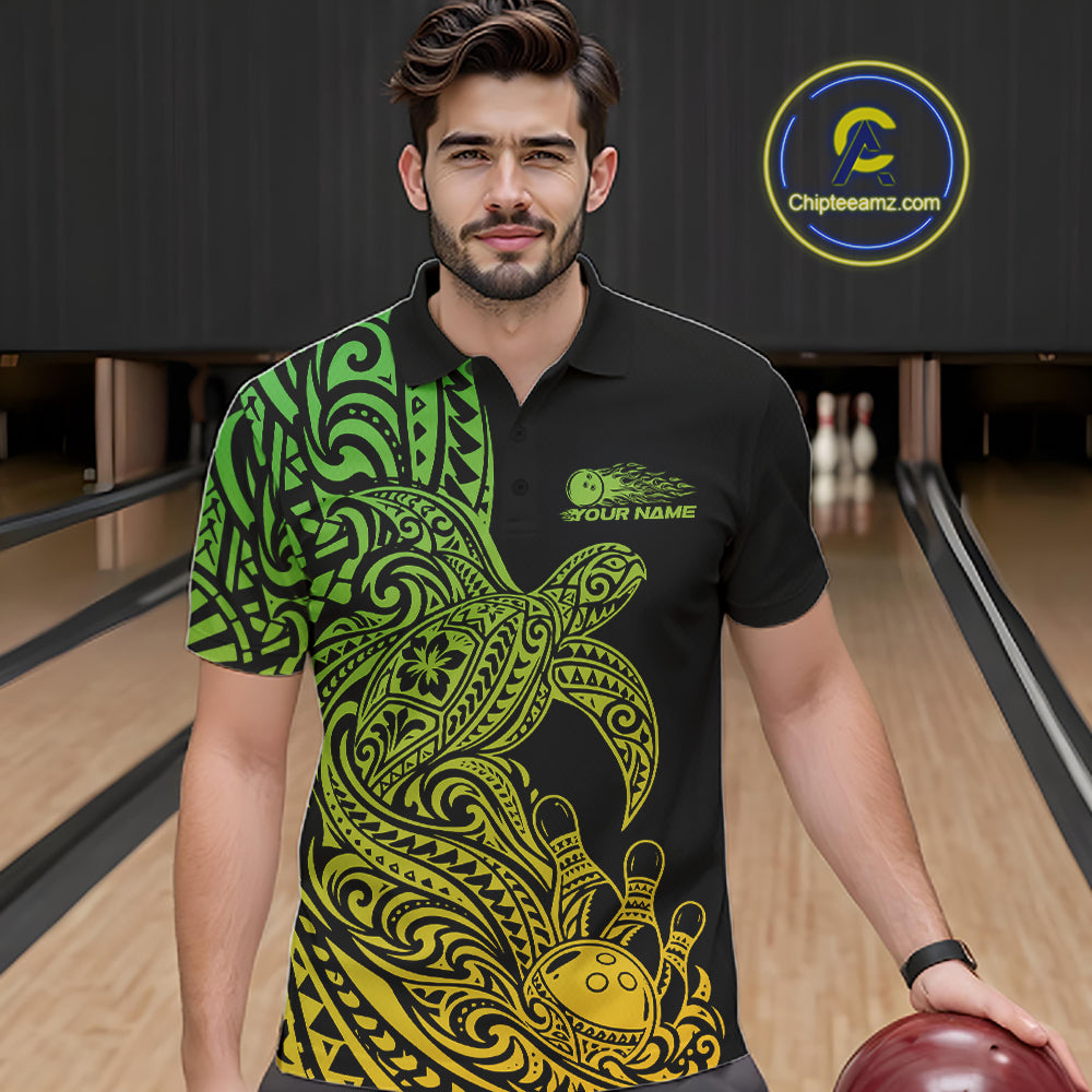 Custom Green And Yellow Polynesian Tribal Turtle Bowling Jersey Team Men Polo Shirt IPHW12703