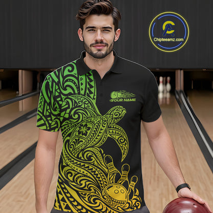 Custom Green And Yellow Polynesian Tribal Turtle Bowling Jersey Team Men Polo Shirt IPHW12703