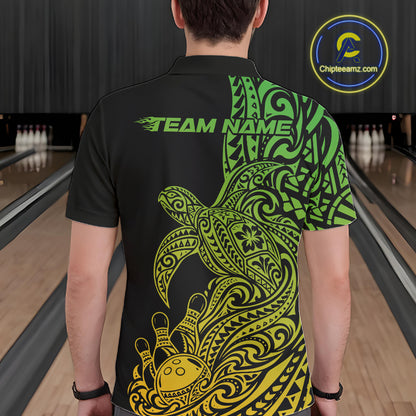 Custom Green And Yellow Polynesian Tribal Turtle Bowling Jersey Team Men Polo Shirt IPHW12703