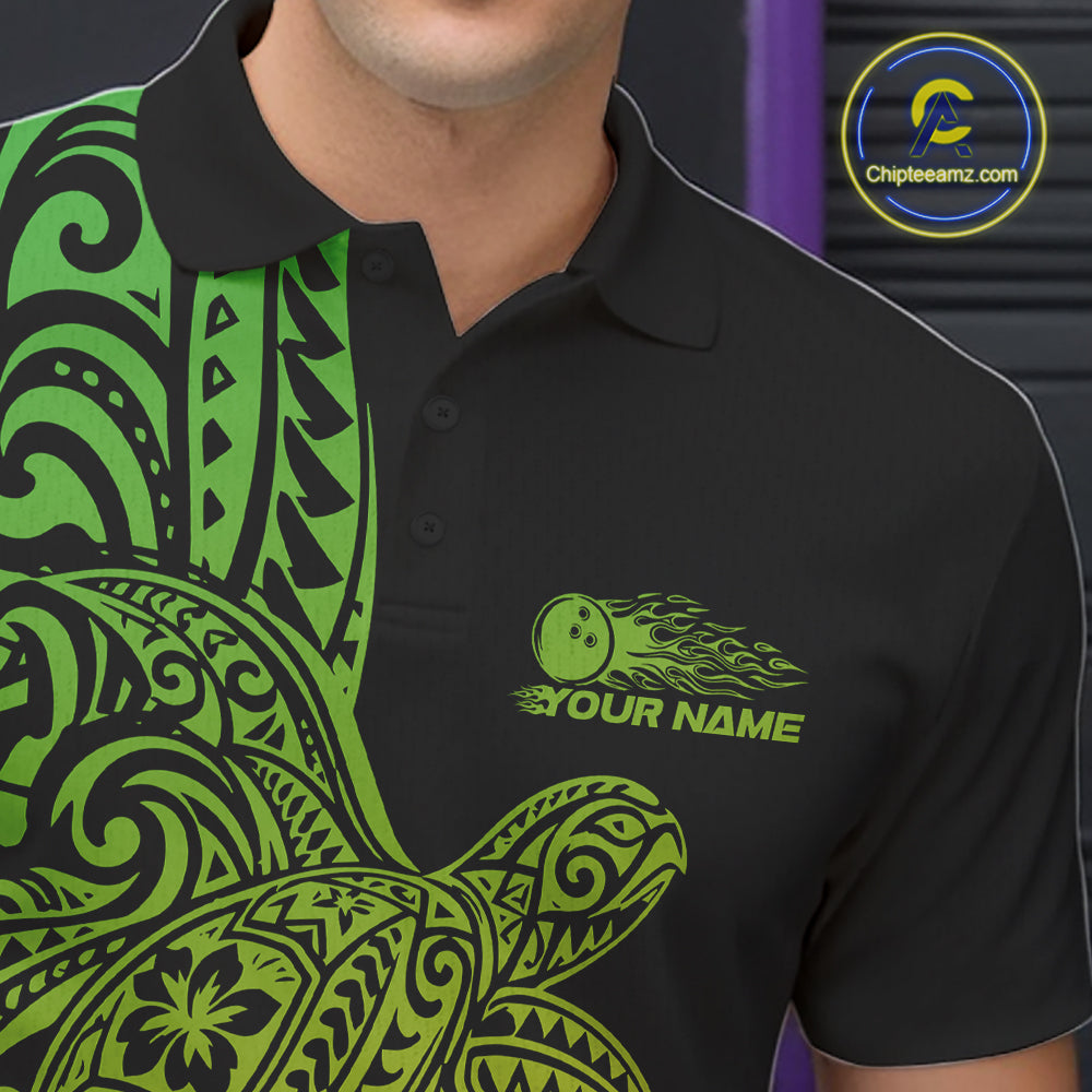Custom Green And Yellow Polynesian Tribal Turtle Bowling Jersey Team Men Polo Shirt IPHW12703