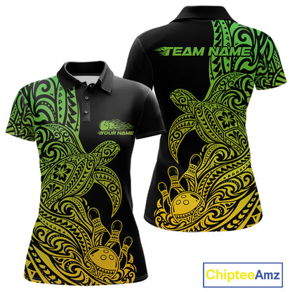 Custom Green And Yellow Polynesian Tribal Turtle Bowling Jersey Team Women Polo Shirt IPHW12703