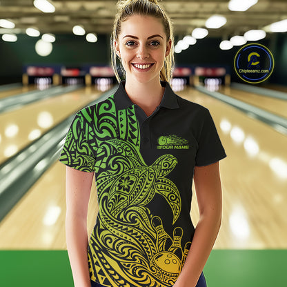 Custom Green And Yellow Polynesian Tribal Turtle Bowling Jersey Team Women Polo Shirt IPHW12703