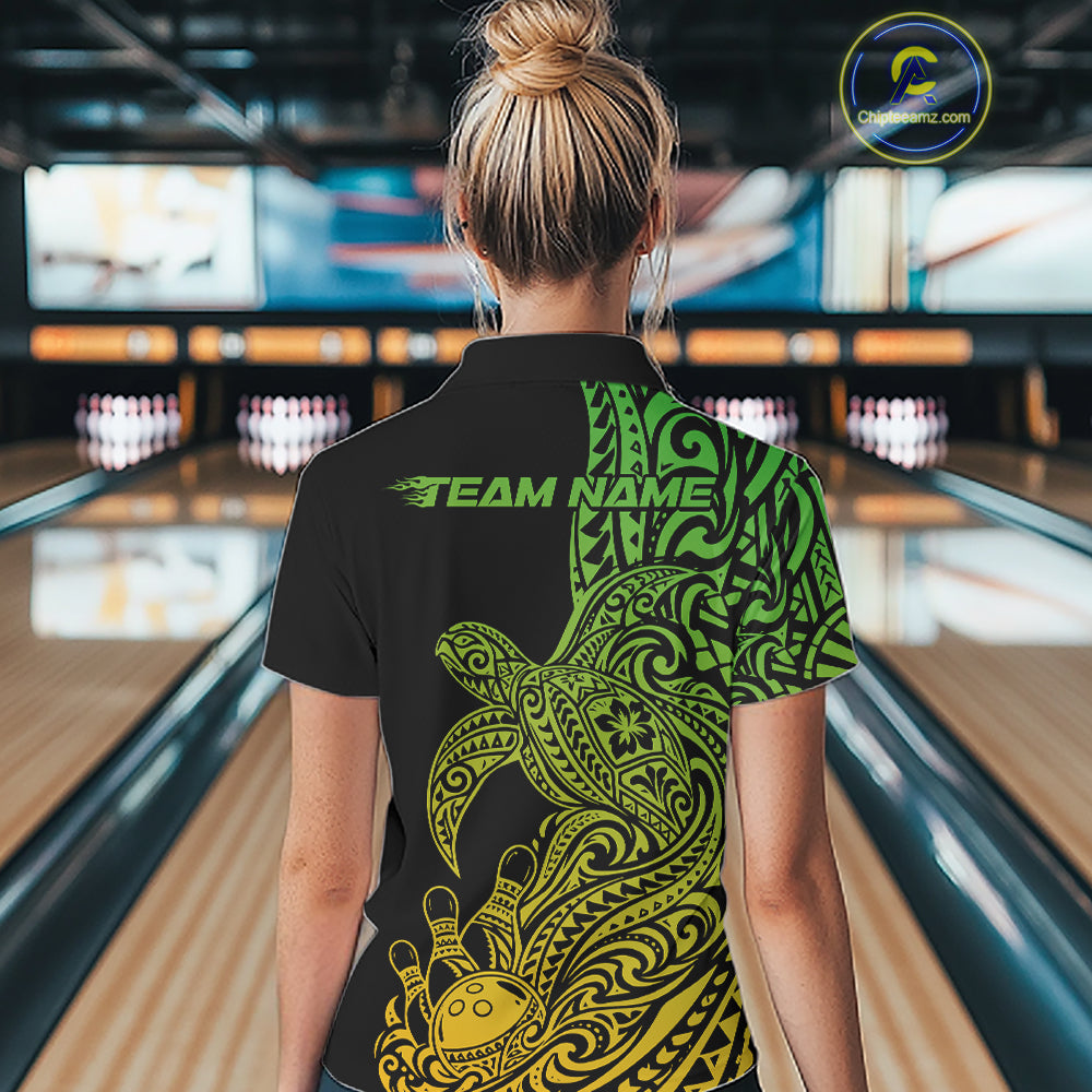 Custom Green And Yellow Polynesian Tribal Turtle Bowling Jersey Team Women Polo Shirt IPHW12703