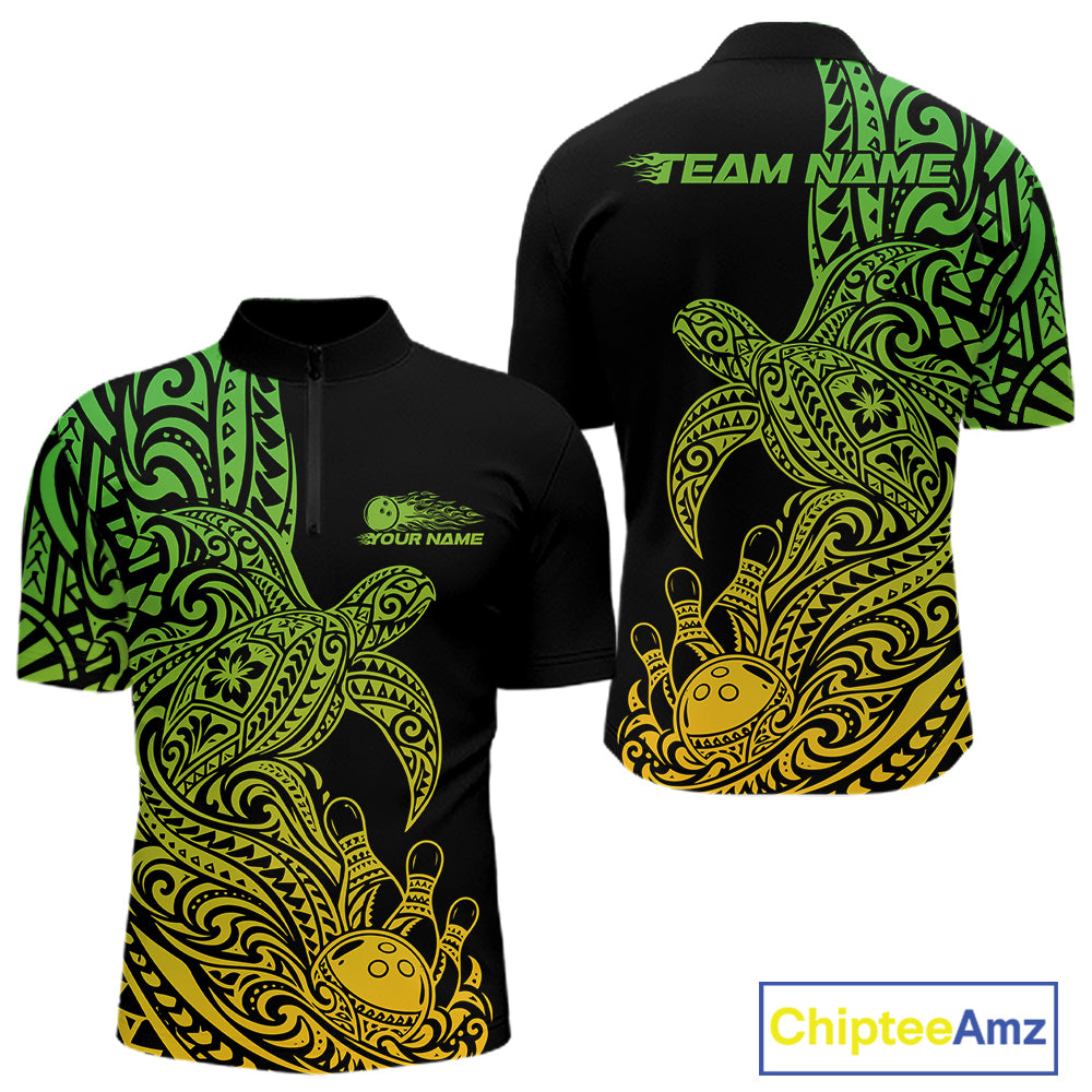 Custom Green And Yellow Polynesian Tribal Turtle Bowling Jersey Team Men Quarter Zip Shirt IPHW12703