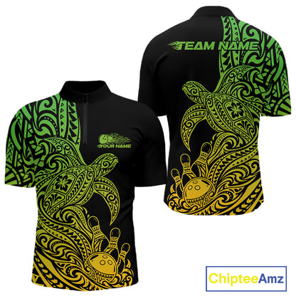 Custom Green And Yellow Polynesian Tribal Turtle Bowling Jersey Team Men Quarter Zip Shirt IPHW12703