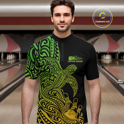 Custom Green And Yellow Polynesian Tribal Turtle Bowling Jersey Team Men Quarter Zip Shirt IPHW12703