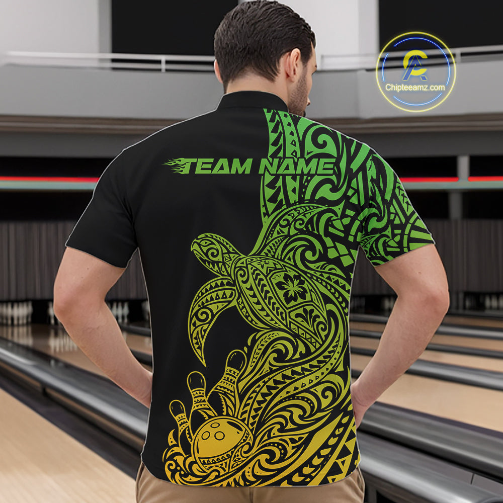 Custom Green And Yellow Polynesian Tribal Turtle Bowling Jersey Team Men Quarter Zip Shirt IPHW12703