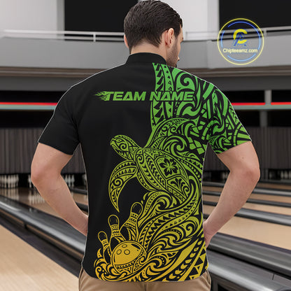 Custom Green And Yellow Polynesian Tribal Turtle Bowling Jersey Team Men Quarter Zip Shirt IPHW12703