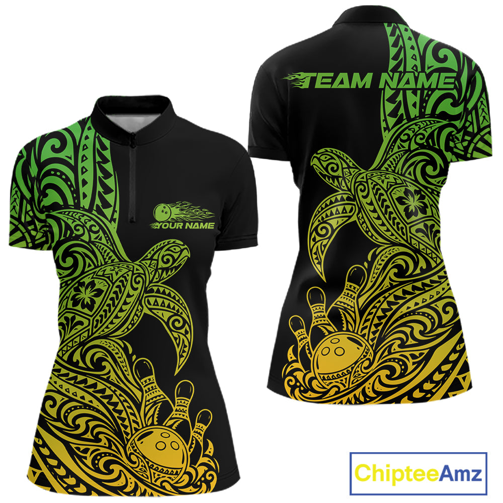 Custom Green And Yellow Polynesian Tribal Turtle Bowling Jersey Women Quarter-Zip Shirt IPHW12703