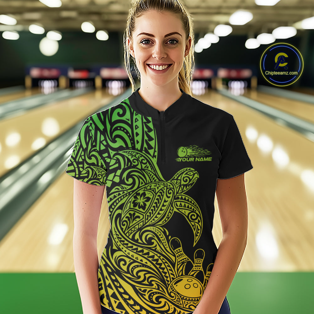 Custom Green And Yellow Polynesian Tribal Turtle Bowling Jersey Women Quarter-Zip Shirt IPHW12703