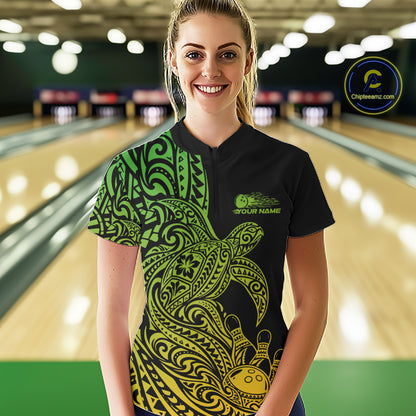 Custom Green And Yellow Polynesian Tribal Turtle Bowling Jersey Women Quarter-Zip Shirt IPHW12703