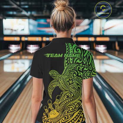 Custom Green And Yellow Polynesian Tribal Turtle Bowling Jersey Women Quarter-Zip Shirt IPHW12703