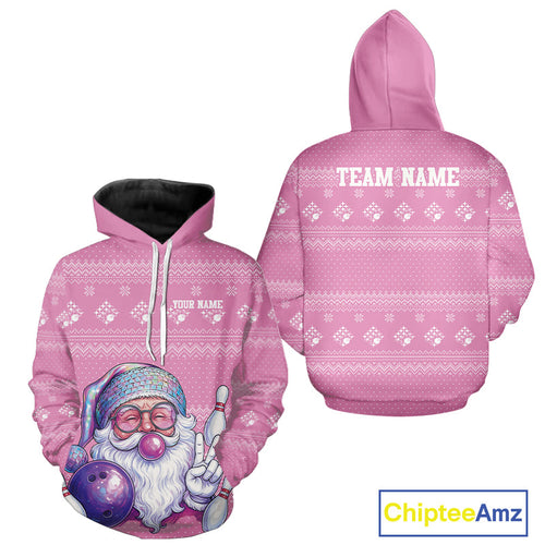 Custom Funny Santa Christmas Men And Women Bowling Hoodie Shirts, Pink Xmas Bowling Team Outfit IPHW10140