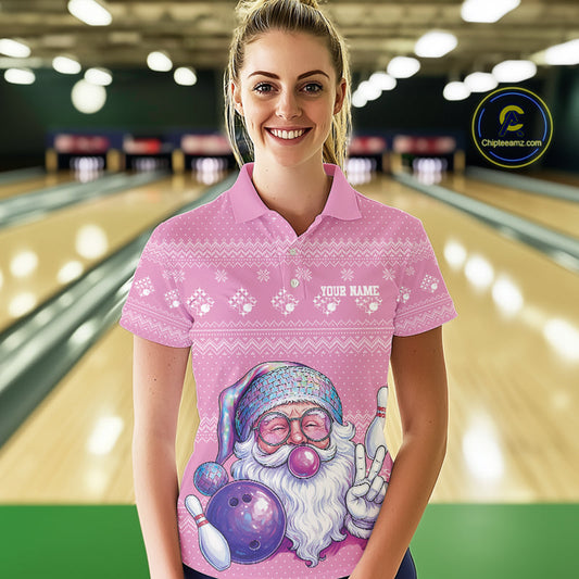 Custom Funny Santa Christmas Women Bowling Polo Shirts, Pink Xmas Bowling Team Outfit IPHW10140