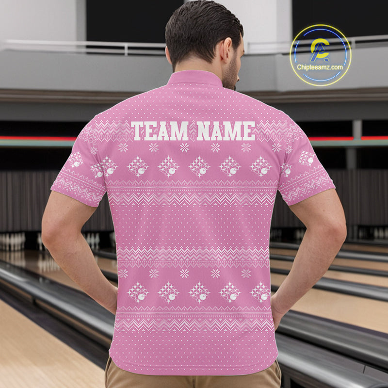 Custom Funny Santa Christmas Men Bowling Quarter-Zip Shirts, Pink Xmas Bowling Team Outfit IPHW10140