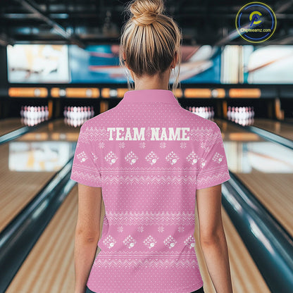 Custom Funny Santa Christmas Women Bowling Quarter-Zip Shirts, Pink Xmas Team Outfit IPHW10140