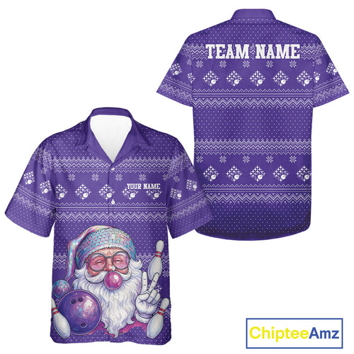 Custom Funny Santa Christmas Men And Women Bowling Hawaiian Shirts, Purple Xmas Bowling Team Outfit IPHW10141