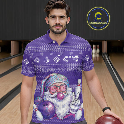 Custom Funny Santa Christmas Men Bowling Polo Shirts, Purple Xmas Bowling Team Outfit IPHW10141