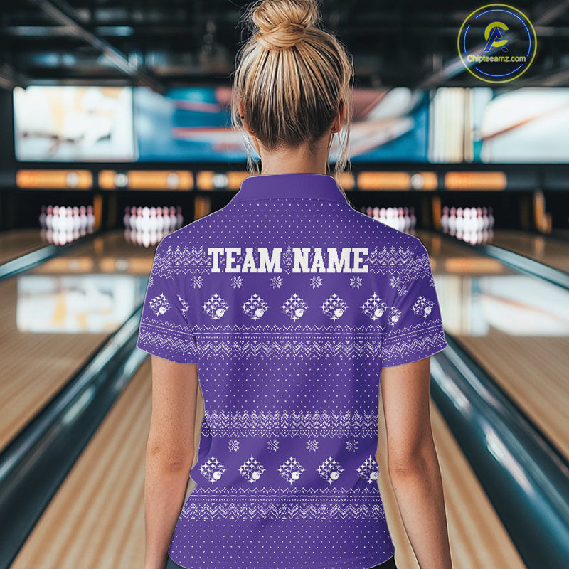 Custom Funny Santa Christmas Women Bowling Quarter-Zip Shirts, Purple Xmas Team Outfit IPHW10141