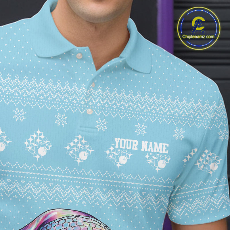 Custom Funny Santa Christmas Men Bowling Polo Shirts, Light Blue Xmas Team Outfit IPHW10142