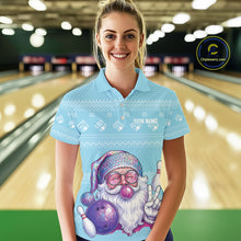 Load image into Gallery viewer, Custom Funny Santa Christmas Women Bowling Polo Shirts, Light Blue Xmas Team Outfit IPHW10142