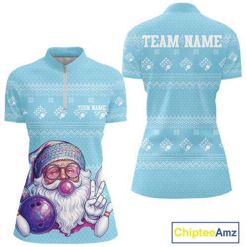 Custom Funny Santa Christmas Women Bowling Quarter-Zip Shirts, Blue Xmas Team Outfit IPHW10142