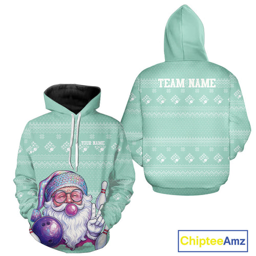 Custom Funny Santa Christmas Men And Women Bowling Hoodie Shirts, Mint Green Xmas Team Outfit IPHW10143