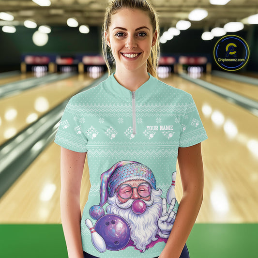 Custom Funny Santa Christmas Women Bowling Quarter-Zip Shirts, Green Xmas Team Outfit IPHW10143