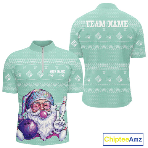 Custom Funny Santa Christmas Men Bowling Quarter-Zip Shirts, Mint Green Xmas Team Outfit IPHW10143