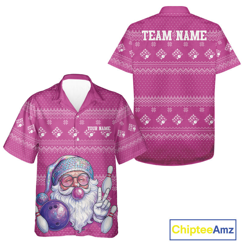 Custom Funny Santa Christmas Men And Women Bowling Hawaiian Shirts, Bright Magenta Xmas Team Outfit IPHW10144