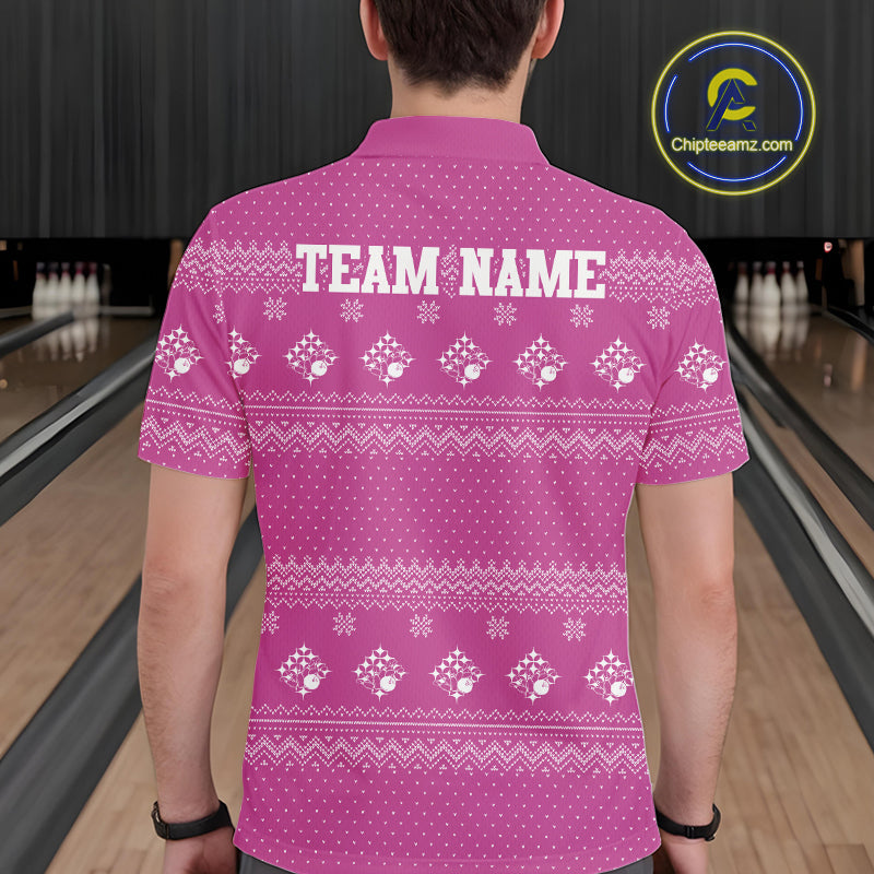 Custom Funny Santa Christmas Men Bowling Polo Shirts, Bright Magenta Xmas Team Outfit IPHW10144