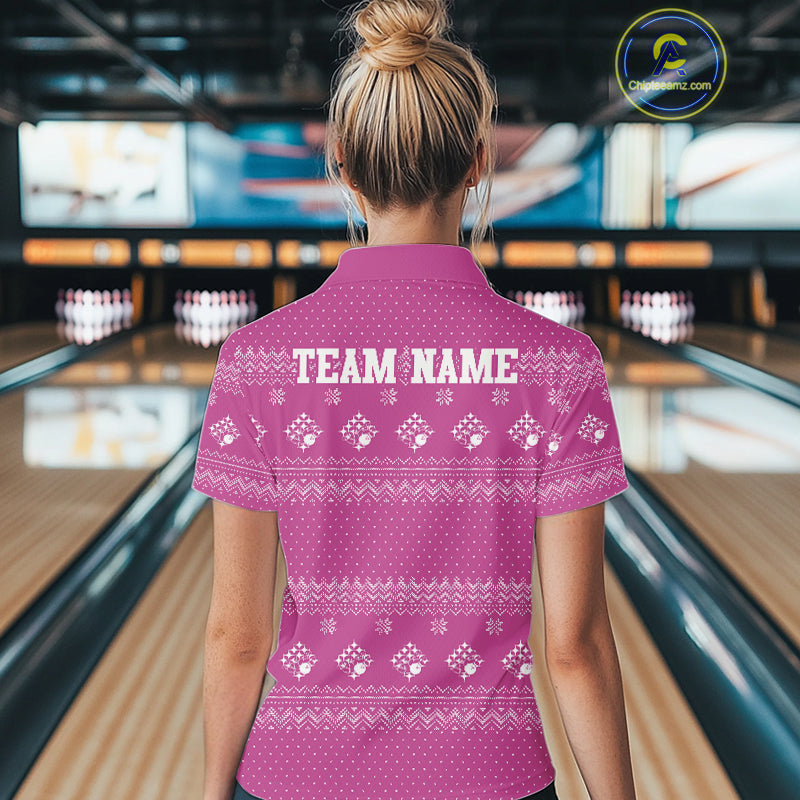 Custom Funny Santa Christmas Women Bowling Polo Shirts, Bright Magenta Xmas Team Outfit IPHW10144
