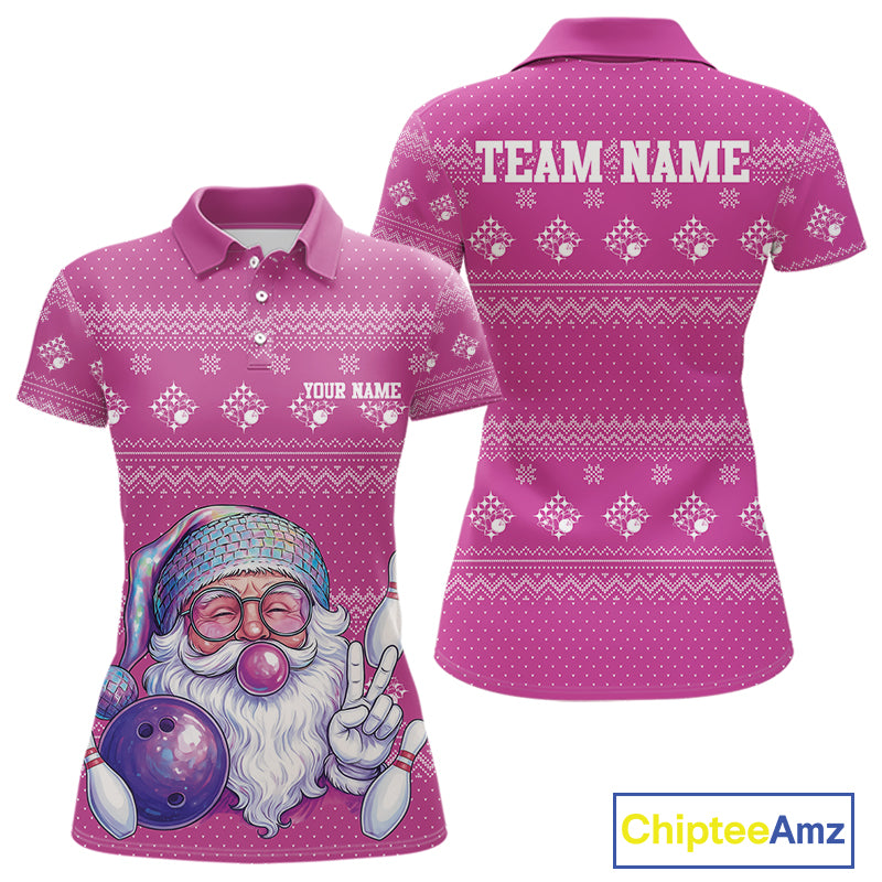 Custom Funny Santa Christmas Women Bowling Polo Shirts, Bright Magenta Xmas Team Outfit IPHW10144