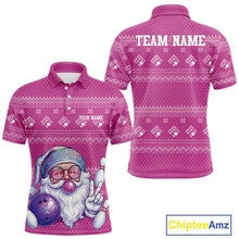 Load image into Gallery viewer, Custom Funny Santa Christmas Men Bowling Polo Shirts, Bright Magenta Xmas Team Outfit IPHW10144